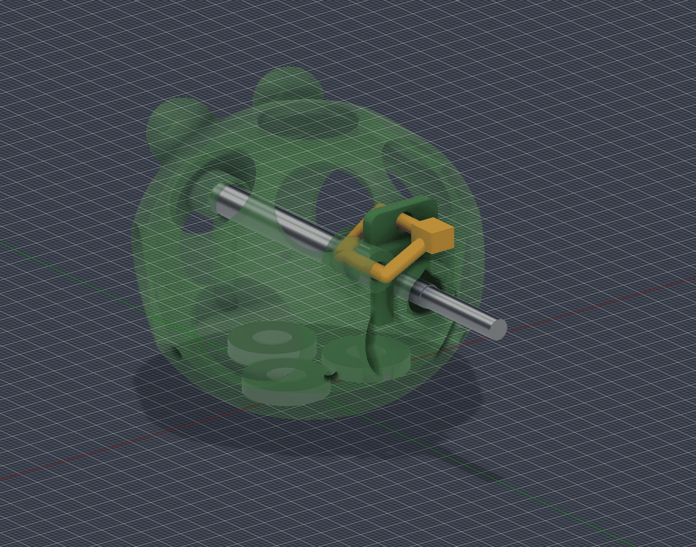 CAD assembly showing the probe through the frog housing, rear keeper, washer ballast, and the planned zip tie route in yellow
